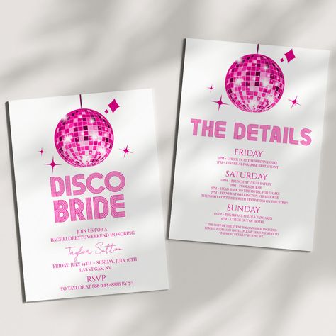 Disco Bride Bachelorette, Disco Ball Bachelorette, Disco Bride, Pink Disco Ball, Bachelorette Party Invite, Bachelorette Weekend Invitations, Pink Disco, Bachelorette Party Weekend, Bride Bachelorette