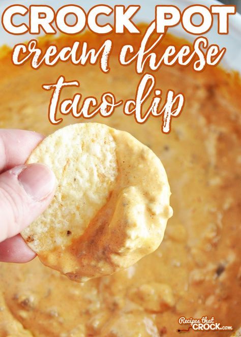 Whether you are going to a pitch-in (what us Hoosiers call a potluck) or wanting to add a special dip to Taco Night, this Crock Pot Cream Cheese Taco Dip is sure to be a favorite! #CrockPot #CrockPotRecipes #CheeseDip #Dip #Cheese #slowcooker Cream Cheese Taco Dip, Cheese Dip Crock Pot, Chip Dip Recipes, Cheese Taco, Recipe Appetizers, Taco Dip Recipe, Crock Pot Dips, Crockpot Appetizers, Guacamole Dip