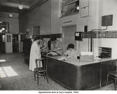 Appointments desk at guy's Hospital, 1950s. Cincinnati Library, Hospital Reception, Consulting Room, Margaret Bourke White, Old Hospital, Nurses Station, Downtown Cincinnati, Old Pics, Rare Historical Photos