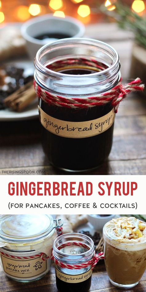 In the mood for a sweet & spicy treat? Learn how to make a batch of homemade gingerbread syrup on the stovetop with simple ingredients like water, sugar, fresh ginger, molasses, and whole spices. Drizzle the syrup on pancakes or waffles, use it to make a flavored coffee or gingerbread latte (Starbucks copycat), or stir it into fall & winter cocktails for a warming & fragrant kick. Keep reading for the easy recipe + ideas for uses. (gluten-free, grain-free, dairy-free & vegan) Diy Buffet, Simple Syrups, Gingerbread Syrup, Homemade Gingerbread, Ginger Molasses, Whole Spices, Seasonal Eating, Gingerbread Latte, Ginger Syrup