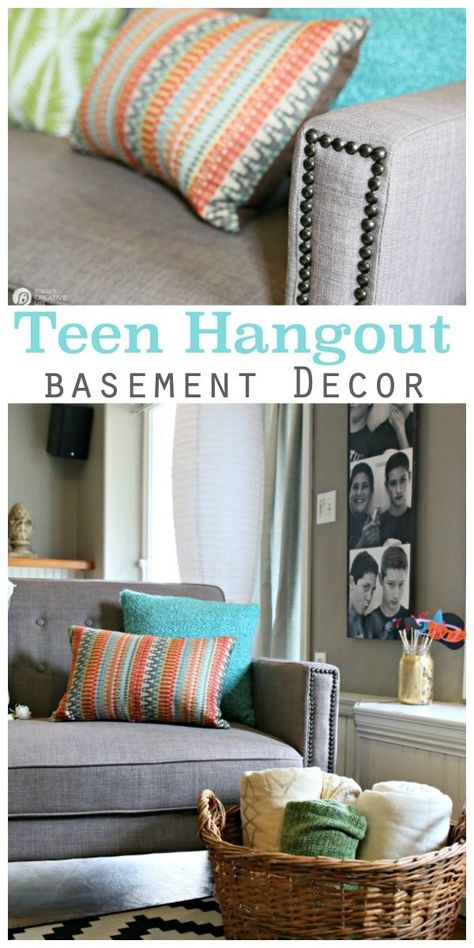 Finished Basement Idea | Teen Hangout | Inexpensive Fold out Sofa Ideas | See more on TodaysCreativeLife.com Room Ideas Teen, Games Room Ideas, Attic Game Room, Teen Basement, Cozy Attic Bedroom, Teen Hangout Room, Basement Lounge, Teen Hangout, Basement Finish