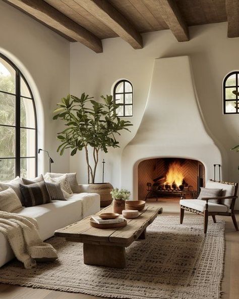 Stucco Homes Interior, Adobe Style Fireplace, Sante Fe Style Homes, Spanish Style Fireplace Living Room, Spanish Fireplace Ideas, European House Interior Design, Spanish Revival Fireplace, Adobe Home Interior, Southwest Fireplace