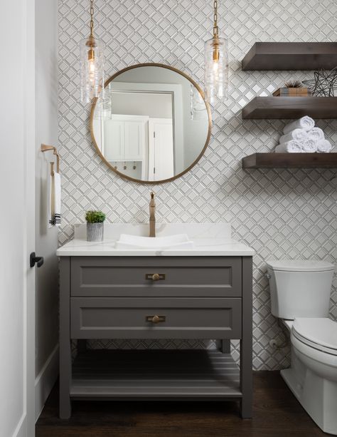 Bathrooms - Transitional - Powder Room - Dallas - by Chris Sandlin Homes | Houzz Wood Floor Powder Room, Transitional Half Bath, Transitional Powder Room Ideas, Powder Room Reno, Industrial Bath, Chic Powder Room, Transitional Powder Room, Powder Room Vanities, Dark Wood Floor