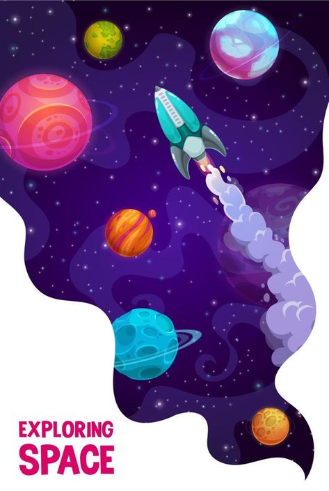 Galaxy exploring poster with rocketship, planets Planet Vector, Planet System, Vertical Banner, Nebula Space, Rocket Design, Galaxy Nebula, Star Illustration, Planets Art, Space Planets