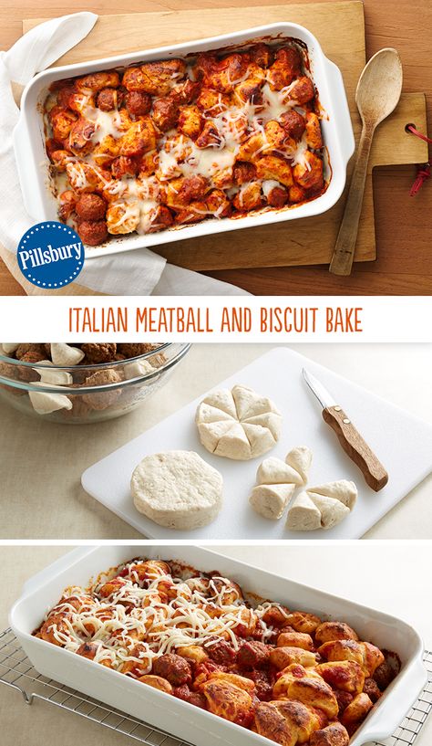 Just four convenient ingredients bake into hearty family-size comfort food! This Italian Meatball and Biscuit Bake says easy weeknight dinner all over it. Italian Meatball, Food Italian, Pillsbury Recipes, Canned Biscuits, Biscuit Bake, Italian Meatballs, Easy Weeknight Dinner, Easy Weeknight, Biscuit Recipe