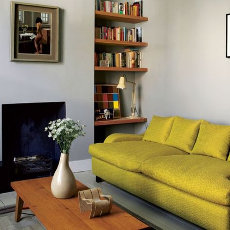 chartreuse-green-decorating-interior-design-ideas-living-room-decor23 Calm Living Room, Alcove Shelves, Alcove Shelving, Bedroom Wall Colors, Trendy Living Rooms, Living Room Shelves, Room Shelves, Lounge Ideas, Up House