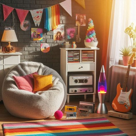 80s Living Room 80s Living Room, Hot Pink Walls, Funky Chairs, 80s Design, Retro Living Rooms, Bold Color Schemes, Green Sofa, 80s Style, Diy Holiday Decor