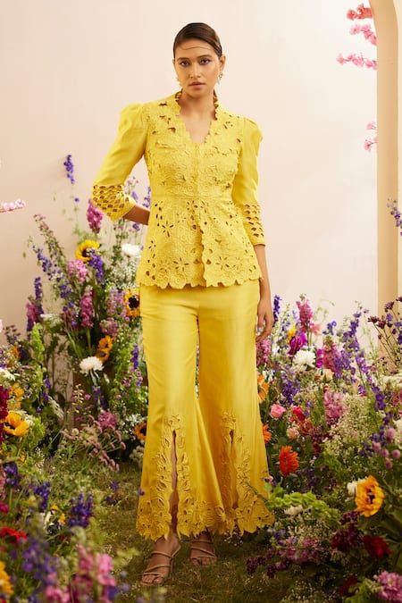 Buy Yellow Chanderi Embroidered Floral Cut Work And Thread Peplum Jacket For Women by Chandrima Online at Aza Fashions. Co Ords Outfits, Coord Sets, Cord Set, Work Pattern, Coord Set, Peplum Jacket, Stylish Party Dresses, Party Wear Indian Dresses, Thread Embroidery