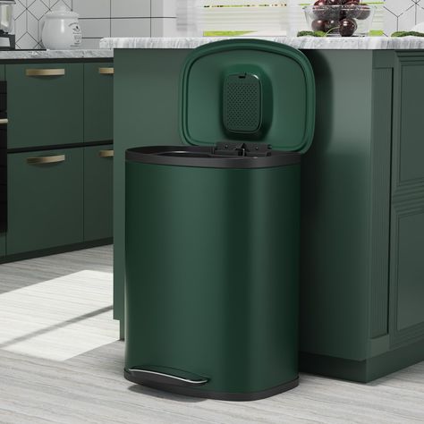 PRICES MAY VARY. Sleek & Space-Saving Design: Our 13-gallon trash can features an elegant oval cover and compact footprint, perfect for tight spaces. Its modern design fits seamlessly against walls or cabinets, adding style while saving space. Silent Operation: Enjoy a noise-free environment with the quiet-close lid, equipped with an advanced bi-force damper. The rugged step pedal ensures smooth, silent opening and closing, making it ideal for kitchens and busy households. Built-In Odor Control: Modern Trash Can Kitchen, Trash Can Storage Kitchen, Kitchen Trash Can Ideas, Kitchen Garbage Can Storage, Hidden Trash Can Kitchen, Cute Trash Can, Hide Trash Cans, Kitchen Trash Can, Rent House