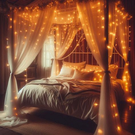 Canopy Bed Ideas King Bed Canopy Ideas, Boho Canopy Bed With Lights, Bedroom Canopy Ideas Diy, Lights On Canopy Bed, Canopy Bed Curtain Ideas, Canopy Bed Lights, Adult Canopy Bed Ideas, Canopy Bed Ideas For Adults Diy, Canopy Bed Small Room