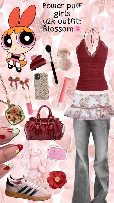 Powerpuff girls y2k outfit: Blossom🌸 Powerpuff Outfit Ideas, Blossom Powerpuff Outfit, Powerpuff Outfit, Powerpuff Girls Outfit, Power Puff Costume, Y2k Costume, Fun Halloween Outfits, Blossom Powerpuff, Powerpuff Girls Costume