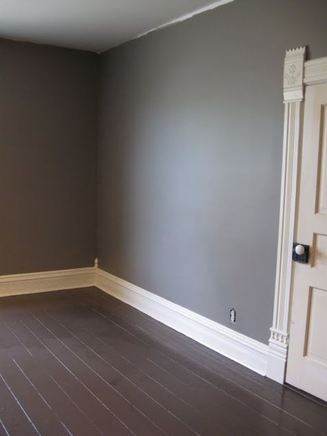 Love this color! 1893 Victorian Farmhouse: East Bedroom - Paint Color Gray Walls White Trim, Dark Wood Trim, Grey Wood Floors, Split Rock, Dark Grey Walls, Gray Walls, Victorian Farmhouse, Gray Paint, Dark Wood Floors