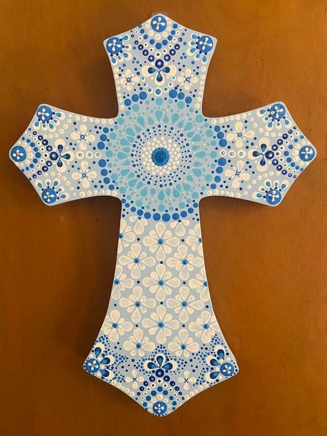 Mandala Dot Art | Here’s a cross I just finished. | Facebook Painted Crosses, Hand Painted Crosses, Mandala Dot Art, Mandala Dots, Cross Paintings, Dot Art, A Cross, Projects Diy, Dots Art