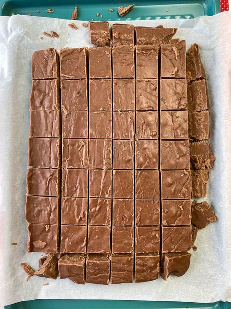 Fudge on parchment paper and a baking sheet cut into cubes Easy Pecan Desserts, Pecan Desserts Easy, Pecan Dessert Recipes, Old Fashion Fudge Recipes, Creamy Peanut Butter Fudge, Pecan Desserts Recipes, Holiday Candy Recipes, Desserts Thanksgiving, Old Fashioned Fudge