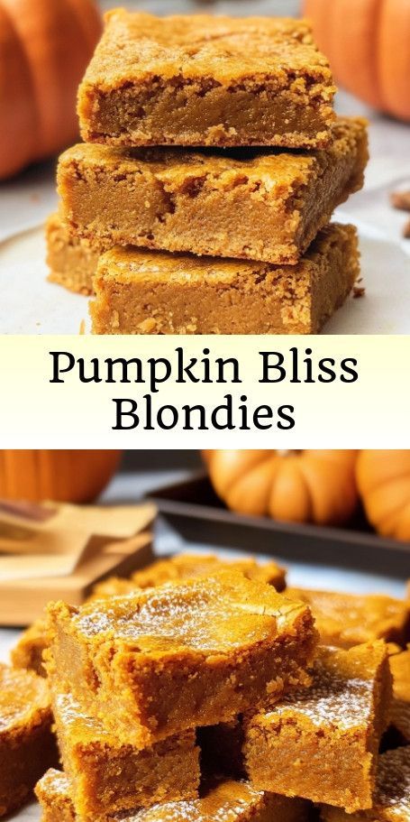 Pumpkin Spice Bliss Blondies Recipe - A Delicious Fall Treat These Pumpkin Spice Bliss Blondies are the perfect dessert for cozy gatherings this fall. With a blend of pumpkin, warm spices, and a touch of sweetness, these blondies capture the essence of autumn in every bite. #PumpkinSpice #FallDesserts #BlondieRecipe #PumpkinTreats #BakingInspiration #EasyRecipes #DessertIdeas #FallFlavors #DeliciousTreats #CozyBaking Easy Pumpkin Brownies, Punkin Desserts Easy, Pumpkin Condensed Milk Recipe, Fall Party Desserts For A Crowd, Pumpkin Shortbread Dessert, Pumpkin Blondies Recipe Easy, Pumpkin Pie Blondies, Sweet Potato Blondies, Pumpkin Food Recipes