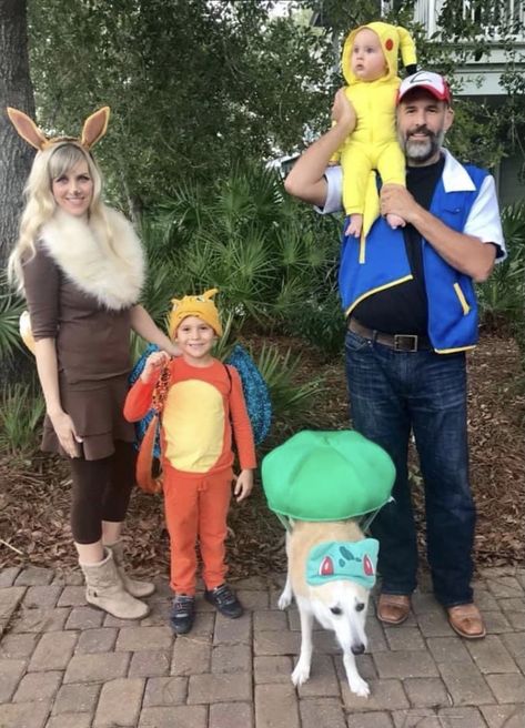 Family group Halloween costume: Eevee, Charizard, Bulbasaur, Pikachu, and Ash Ketchum Pokemon Halloween Costume Diy, Eve Pokemon Costume, Family Costume Pokemon, Pikachu Family Costume, Evee Pokemon Halloween Costume, Charizard Halloween Costume, Eevee Costume Women, Eevee Halloween Costume, Evee Pokemon Costume