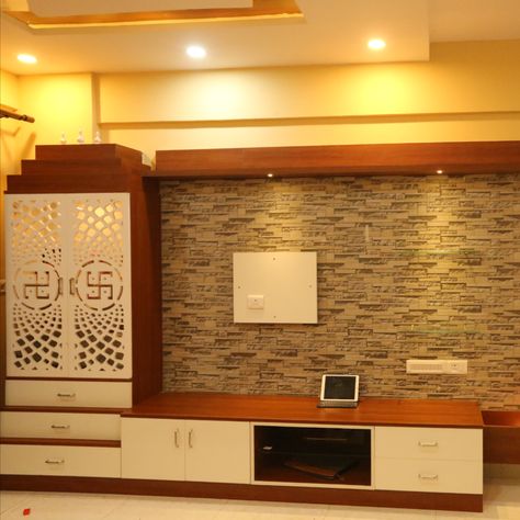 Puja unit, Tv unit Tv Unit Design With Temple Modern, Temple Design For Home Living Rooms With Tv Unit, Tv And Puja Unit, Pooja Room With Tv Unit Design, Living Room Tv Wall With Mandir, Tv Cabinet With Puja Unit, Pooja And Tv Unit Design, Puja Room With Tv Unit, Tv Unit Pooja Room