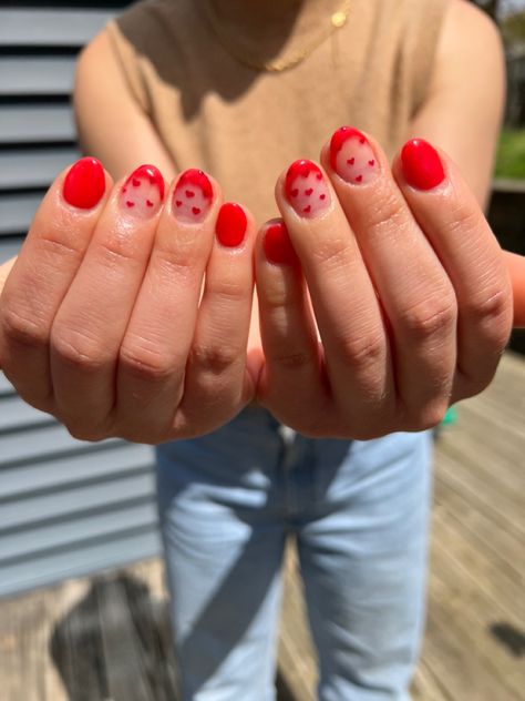 Gel Nails With Tips Ideas, Red Valentines Nails 2024, Red Luminary Nails, Red French Tip Nails Short Valentines, French Tip Luminary Nails, Red Nail Designs Natural Nails, Natural Nail Valentines Day Nails, Short Red Heart Nails, Luminary Gel Nails