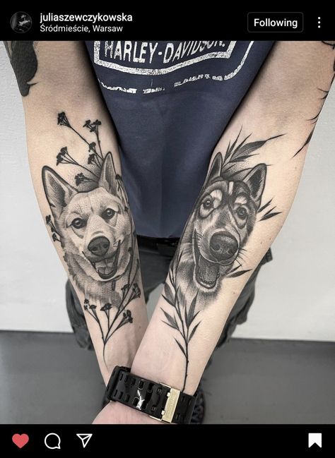 Black And Grey Dog Portrait Tattoo, Forearm Dog Tattoo Women, Black And Grey Dog Tattoo, Dog Portrait Tattoo Thigh, Pet Portrait Sleeve Tattoo, Illustrative Dog Tattoo, Dog Sleeve Tattoos For Women, Neotraditional Dog Tattoo, Dog Leg Tattoo