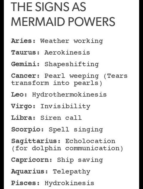 Mermaid powers Mermaid Powers Aesthetic, Mermaid Powers List, Mermaid Language, Mermaid Knowledge, Pisces Siren, Siren Powers, Mermaid Powers, Mer People, Types Of Mermaids