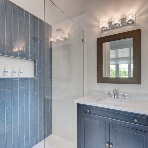 Light Blue Bathroom Tile Ideas, Blue Subway Tile Bathroom Wall, Blue And Gray Bathroom Tile, Blue Tile Showers, Blue Bathroom Tile Ideas Shower Walls, Blue Grey Bathroom Tiles, Blue Walk In Shower Ideas, Gray Blue Shower Tile, Blue Master Shower Tile