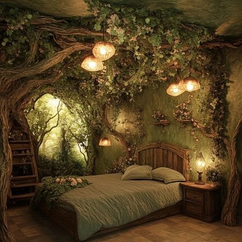 Fantasy Rooms Forest, Fairy Cottage Aesthetic Room, Forestcore Aesthetic Room, Forest Themed Furniture, Forest Ceiling Decorations, Narnia Themed Bedroom, Enchanted Forest Aesthetic Room, Room Forest Aesthetic, Lotr Bedroom Ideas