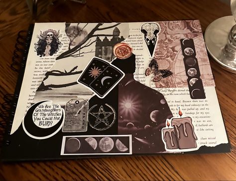 Book Of Shadows Scrapbook Ideas, Book Of Shadows Scrapbook, Goth Journal Pages, Witchy Art Journal, Scrapbook Grimoire Ideas, Witch Scrapbook Ideas, Witchy Scrapbook Ideas, Bujo Tarot Theme, Goth Scrapbook Ideas