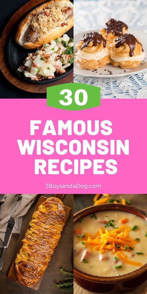 Famous Wisconsin Recipes include bratwurst, cream puffs, Limburger sandwiches, Swedish pancakes, Danish kringle, and beer cheese soup. #wisconsinfamousfoods #eatwisconsindishes #3boysandadog Wisconsin Recipes Comfort Foods, Wisconsin Dinner Recipes, Wisconsin Appetizers, Wisconsin Food Traditional, Wisconsin Food Recipes, Wisconsin Supper Club Recipes, Colorado Food Recipes, Wisconsin Fairy Food, Cooking For Two Recipes