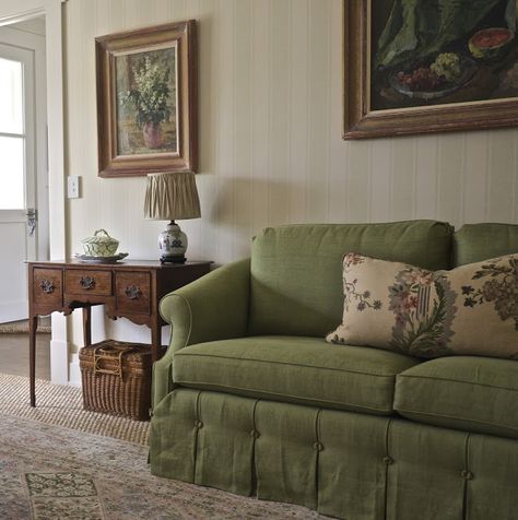 Lovely colour and style green linen sofa the lime walk Moss Green Lounge, Cottage Living Room Green Sofa, Green Linen Sofa Living Room, Green Sofa Styling, Green Linen Couch, Green Linen Sofa, Vintage Green Sofa, Light Green Couch, Cottagecore Couch