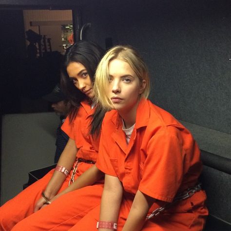 Emily and Hanna wearing prison orange jumpsuits, PLL, Pretty Little Liars, ButtahBenzo Pretty Little Liars, Get Ready, Orange