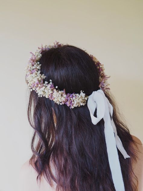 Flower Crown Wedding Veil, Flower Crown Veil, Purple White Wedding, Tangled Flower, Dried Flower Crown, Sea Lavender, Flower Crown Bridesmaid, Flower Crown Bride, Light Purple Flowers