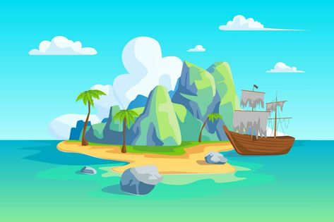 Cartoon Color Pirate Island Landscape Scene Concept. Vector Island Cartoon, Cartoon Island, Island Landscape, The Mysterious Island, Pirate Island, Trinidad Carnival, The Cartoon, Cartoon Background, Game Ui