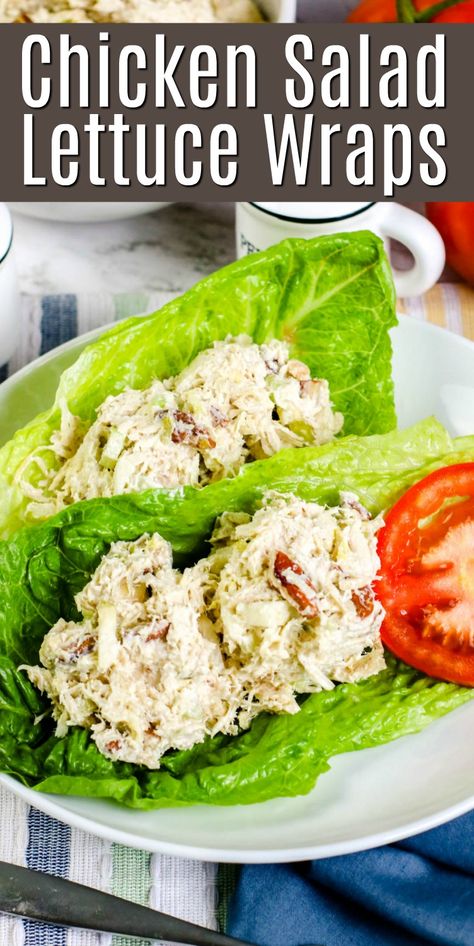 EASY healthy Chicken Salad Lettuce Wraps made with canned chicken, apples, celery, pecans and mayonnaise! Perfect summer side dish or served on lettuce wraps for lunch!   #chickensalad #cannedchickenrecipes #chicken #summerrecipes #lettucewraps #dinnerideas #pantrybasics #food #recipes Wraps For Lunch, Easy Lettuce Wraps, Easy Healthy Chicken, Lettuce Recipes, Chicken Salad Lettuce Wraps, Chicken Lettuce Wraps Recipe, Chicken Salad Lettuce, Can Chicken Recipes, Chicken Salad Wrap