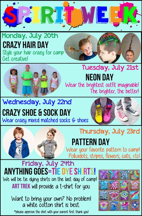 Spirit Week | Summer Art Camp #ArtTrek #SummerArtCamp #SpiritWeek Spirit Week Ideas Daycare, School Week Themes, Prek Spirit Week Ideas, Spirit Week Themes Preschool, Daycare Spirit Week Ideas, Alf Week Ideas, Camp Spirit Week Ideas, Opposites Day Spirit Week, Preschool Spirit Days