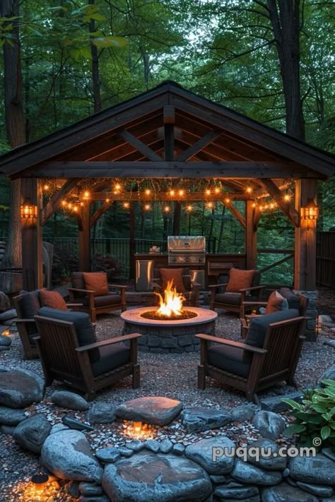 Covered Fire Pit Area Gazebo, Gazebo With Fire Pit, Outdoor Fire Pit Area, Fire Pit Lighting, Outdoor Patio Designs, Cozy Backyard, Backyard Pavilion, Fire Pit Ideas, Fire Pit Area