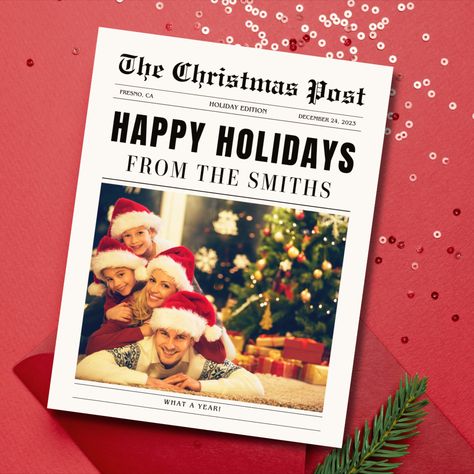 Family Newspaper Christmas Newsletter Template, Year in Review Card, Printable Holiday Letter with Photo, Editable DIY Stocking Gift Christmas Magazine, Christmas Newsletter, Christmas Party Poster, Holiday Lettering, Christmas Mini Sessions, Newspaper Template, Newsletter Template, Post Holiday, Newspaper Design