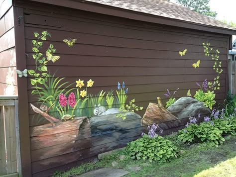 Backyard Decoration Ideas, Painted Shed, Outdoor Garage, Garden Fence Art, Garage Wall Decor, Garden Mural, Fence Art, Wall Murals Painted, Fence Paint