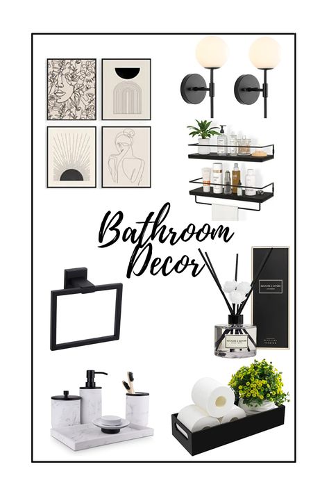 bathroom decor, organization, ideas, storage, modern decor, black decor Black And Grey Bathroom Decor, Amazon Bathroom Decor Ideas, Black And Gold Bathroom Decor Ideas, Black And White Half Bathroom, Modern Bathroom Design Luxury, Bathroom Modern Design, Black And Grey Bathroom, Amazon Bathroom Decor, Black And White Bathroom Decor