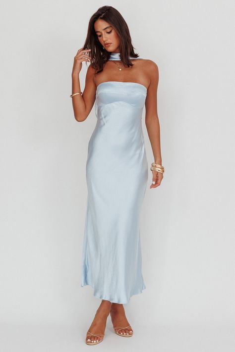 Damsel Reverse Halter Maxi Dress Baby Blue by Selfie Leslie Long Dresses Silk, Light Blue Backless Dress, Halterneck Bridesmaid Dresses, Bridesmaid Dress Light Blue, Selfie Leslie Dresses, Blue Prom Dress Simple, Sky Blue Formal Dress, Light Blue Silk Dress, Bridget Wedding