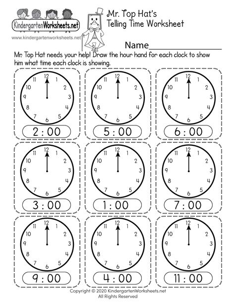 Can you show Mr. Top Hat what time each clock is showing? Students are asked to draw the hour hand for each analog clock in this free telling time to the hour worksheet for kindergarten. Kindergarten Language Worksheets, Thanksgiving Worksheets Kindergarten, Kindergarten Telling Time, Clock Worksheets, How To Tell Time, Kindergarten Math Worksheets Free, Kindergarten Phonics Worksheets, Telling Time Worksheets, Time To The Hour