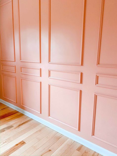 Board And Batten Pink Wall, Board And Batten Pink, How To Start Painting, Light Pink Walls, Painting Guide, White Wainscoting, Peach Walls, Diy Wall Painting, Painting Walls