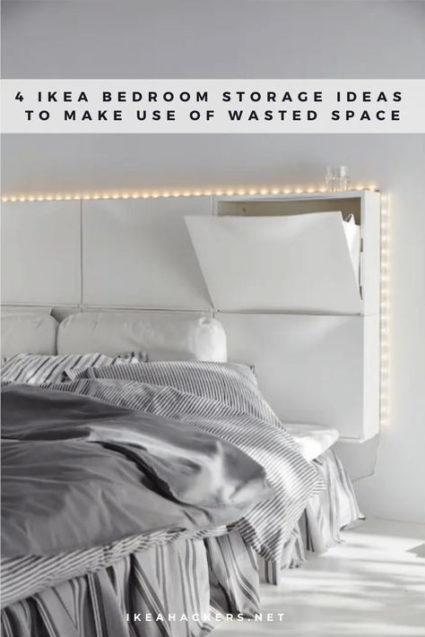 Ikea Overbed Storage, Cheap Bedroom Storage Ideas, Extra Storage Ideas Bedroom, Ikea Bed Storage, Over Bed Storage Ideas, Headboard Storage Ideas, Above Bed Storage, Tiny Bedroom Storage Ideas, Ikea Storage Ideas