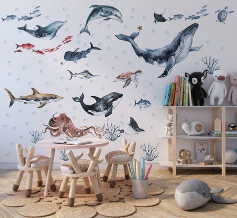 Ocean Animals Wall Decal for Kids and Nursery Sea Animals - Etsy Whale Wall Decals, Ocean Spirit, Ocean Plants, Sea Nursery, Wallpaper Project, Animal Wall Decals, Kids Wall Decals, Sea Wall, Smooth Walls