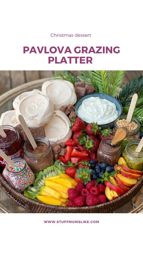 A tray of pavlovas and toppings Pavlova Grazing Platter, Easy Dessert For Christmas, Christmas Dessert Platter, Dessert For Christmas, Australia Day Celebrations, Grazing Platter, Dessert Platter, Family Lunch, Christmas Lunch