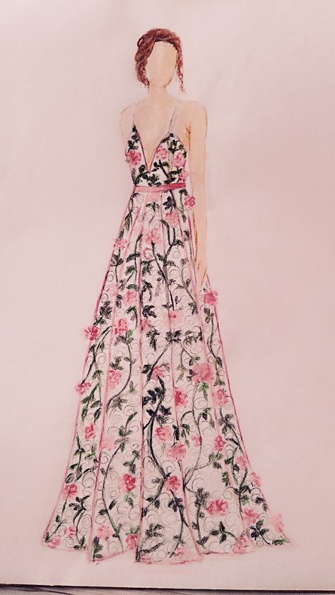 Fashion illustration by Kalyani Sankrityayan. Floral print gown Printed Dress Drawing, Floral Print Dress Fashion Illustration, Floral Print Illustration Fashion, Floral Print Dress Drawing, Floral Dress Sketch, Fashion Illustration Dresses Gowns, Gown Illustration Fashion, Floral Dress Drawing, Floral Dress Illustration