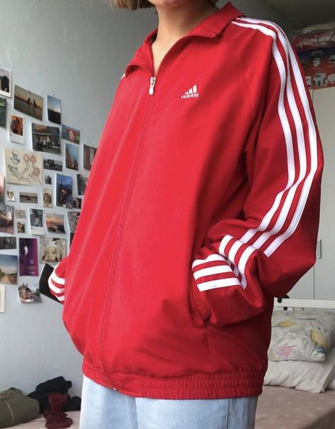 Adidas Hoodie Aesthetic, Red Adidas Jacket Outfit, Adidas Jacket Outfit, Red Adidas Jacket, Adidas Aesthetic, Hoodies Aesthetic, Hoodie Aesthetic, Adidas Tracksuit, Aesthetic Hoodie