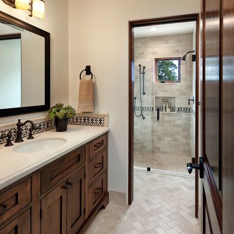 Spanish Style Bathroom - Photos & Ideas | Houzz Spanish Style Bathrooms, Home Gel Nails, Spanish Bathroom, Tuscan Bathroom, Wood Floor Bathroom, Dark Wood Bathroom, Mediterranean Bathroom, Bronze Fixtures, Hand Painted Tile