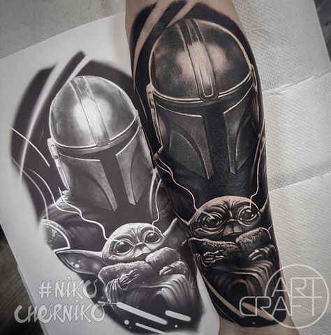 Grogu Tattoo, Music Staff Tattoo, Boba Fett Tattoo, Mandalorian Tattoo, Star Wars Tattoo Sleeve, Star Wars Art Drawings, Bio Organic Tattoo, Spartan Tattoo, Organic Tattoo