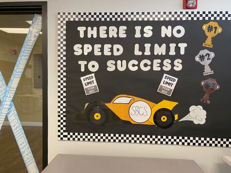 Racing Decorations House, Racecar Bulletin Board Ideas, Cars Classroom Theme Disney, Race Track Bulletin Board Ideas, Race Theme Classroom, Racing Theme Classroom, Race Car School Theme, Racing Bulletin Board Ideas, Cars Classroom Theme