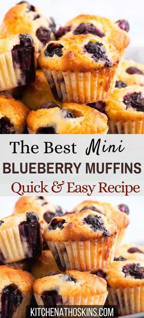 Learn how to make the best mini blueberry muffins that's quick and easy. These small muffins using fresh blueberries makes an ideal breakfast finger food and can be adapted for frozen blueberries. Get the homemade mini lemon blueberry muffins recipe at kitchenathoskins.com. Mini Blueberry Muffin Recipe, Lemon Blueberry Mini Muffins, Best Mini Blueberry Muffins, Easy Blueberry Muffins Simple, Frozen Blueberry Recipes Muffins, Quick And Easy Blueberry Muffins, Lemon Mini Muffins, Blueberry Muffins No Milk, Easy Blueberry Muffins Recipe